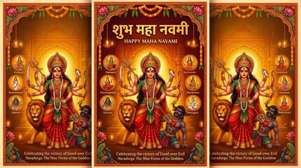Obraz premium A vibrant illustration depicting the celebration of Maha Navami featuring a goddess with multiple arms surrounded by various forms of her