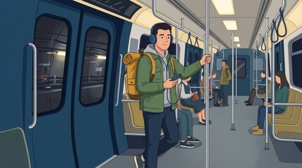 Naklejka premium A man commuting on a subway train while listening to music on his phone