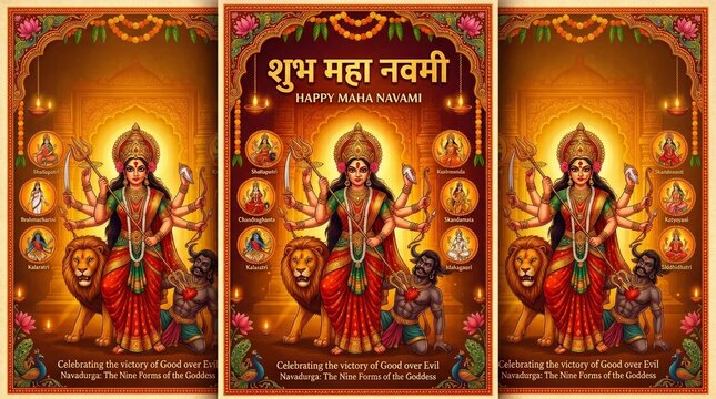 A vibrant illustration depicting the celebration of Maha Navami featuring a goddess with multiple arms surrounded by various forms of her