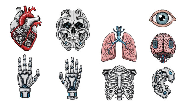 Human anatomy illustrations heart skull lungs eye brain hands ribs cyborg elements