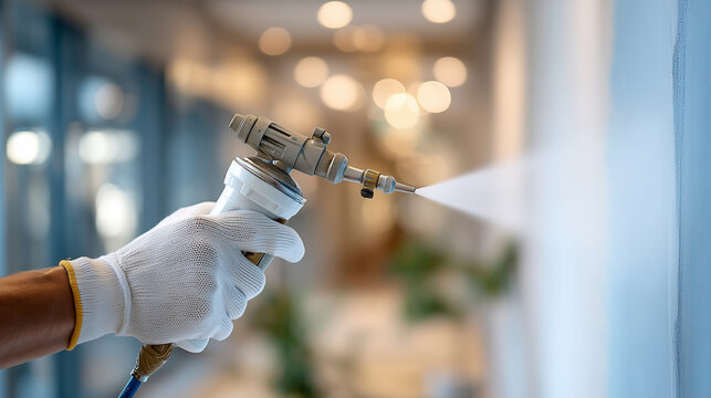 Faceless hands in white painter's gloves using a modern airless sprayer to apply a smooth satin finish to a drywall, representing high-end interior renovation, fine paint mist, bri