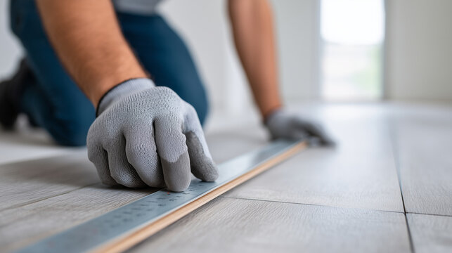 Faceless hands in grey gloves using a long aluminum straight edge to check the level of a freshly laid laminate floor, representing quality control in finishing works, soft dayligh