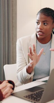 Creative, teamwork and women with laptop in business, public relations and planning for ad campaign. PR manager, online and people with documents for brand awareness, serious and performance review