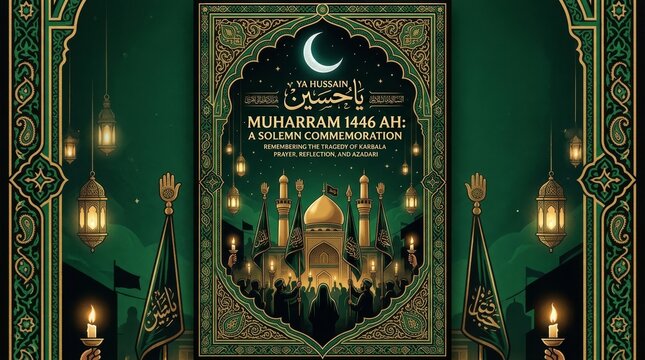 A solemn commemoration poster for Muharram 1446 AH featuring a mosque and candles
