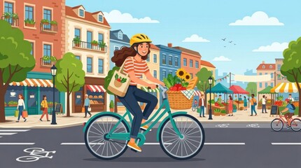 Fototapeta premium A woman rides a bicycle through a vibrant market street filled with shops and vendors