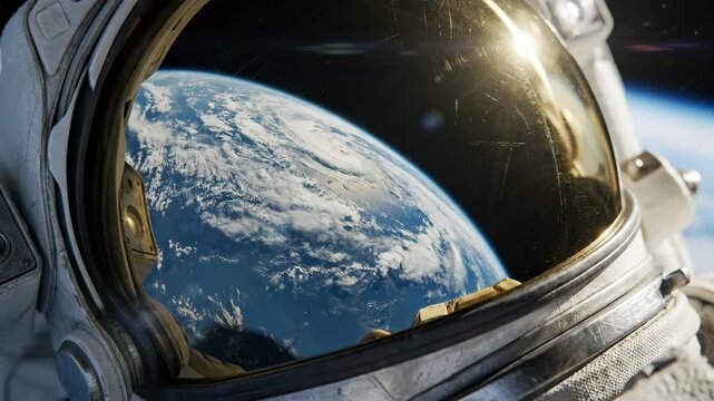 Astronaut viewing Earth from space through helmet visor. Planetary orbit observation sequence. Cosmic exploration and space mission perspective.