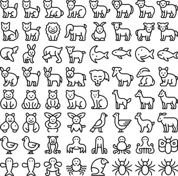 Collection of simplified animal icons in a clean vector illustration style