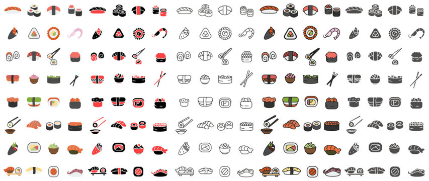 Sushi Roll Icon Set. Icons in various styles. Illustrations of Japanese dishes on a white background.