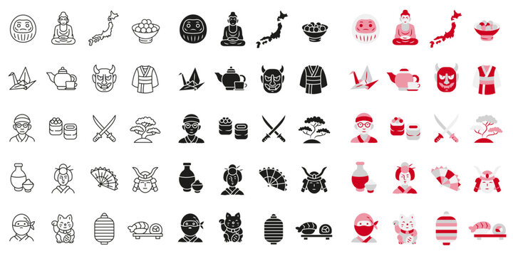 A set of icons featuring Japanese symbols in various styles for travel projects.