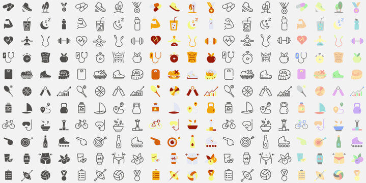 Healthy Lifestyle. Sports and Exercise. Health Icons in Various Styles.
