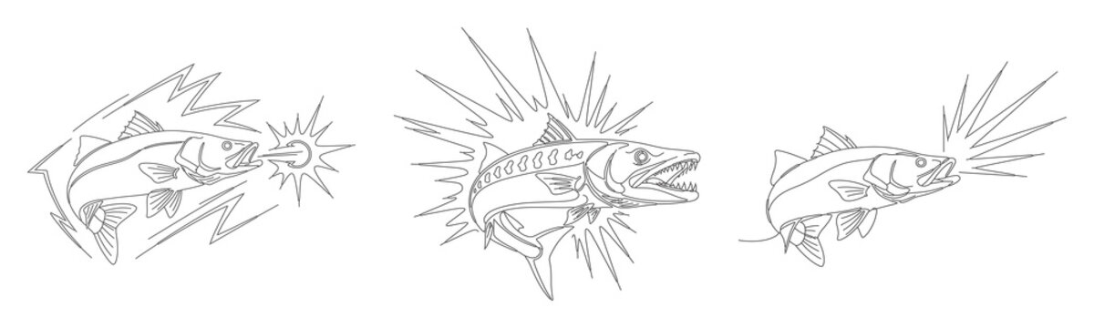 Set of line art vector designs showing predatory fish jumping out of the water with sharp teeth and splashing water motion effects.