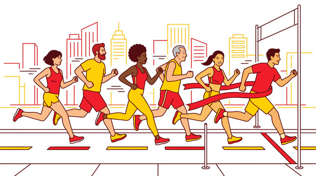 A group of diverse runners of different ages and backgrounds compete in a city marathon race toward the finish line