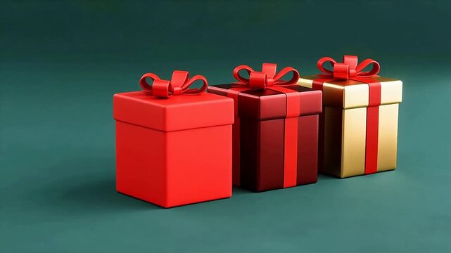 Three colorful gift boxes on teal background