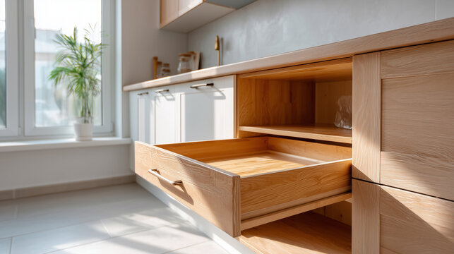Centered shot of empty shelves inside a pantry cabinet, one open drawer below and a clean tiled floor visible, simple modern kitchen pantry scene with crisp natural daylight