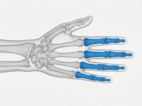 Human hand skeleton with highlighted finger phalanges bones anatomical illustration medical education concept