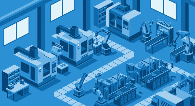 Isometric illustration of a modern automated factory floor with robotic arms, CNC machines, and conveyor belts in a blue monochromatic style.