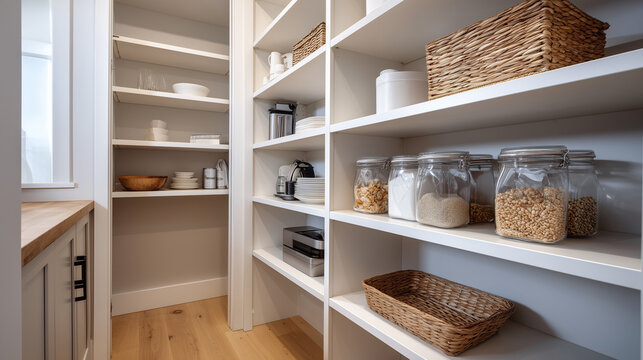 Front-facing shot of empty food shelves in a pantry closet, soft shadows inside white cabinetry, minimalist home pantry scene with orderly lines and a slightly open pantry door