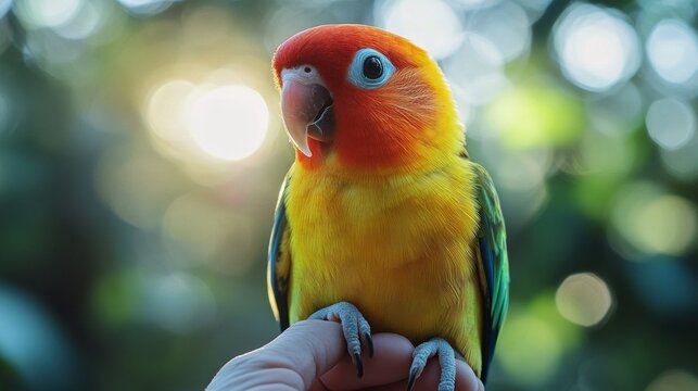 A bright parrot with a fiery orange head and a yellow breast sits on a person&rsquo;s hand against a blurred green backdrop, creating a lively and colourful natural setting for adverts for pet shops  