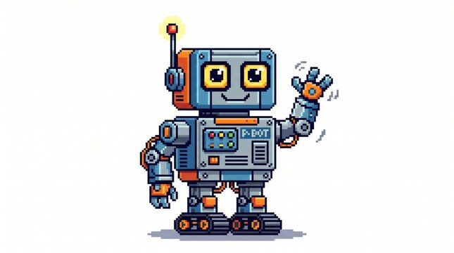 Cute pixel art robot waving hello with a friendly smile and antenna