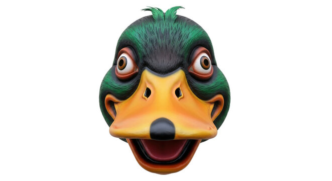 Mallard duck head with expressive face, green feathered waterfowl character, funny bird portrait with wide eyes and orange beak isolated PNG with Transparent Background