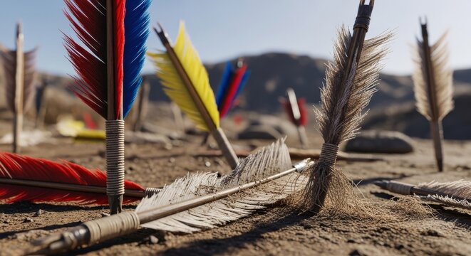Scattered Archery Arrows with Colorful Fletchings on Ground