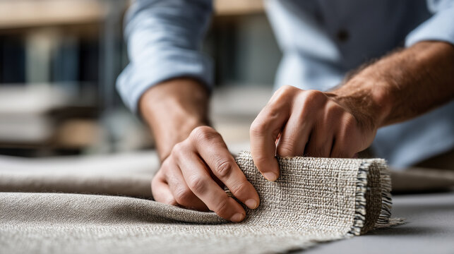 Faceless hands feeling the texture of a high-end wallcovering or wallpaper sample, representing tactile quality control, soft side lighting, blurred designer studio background, mat