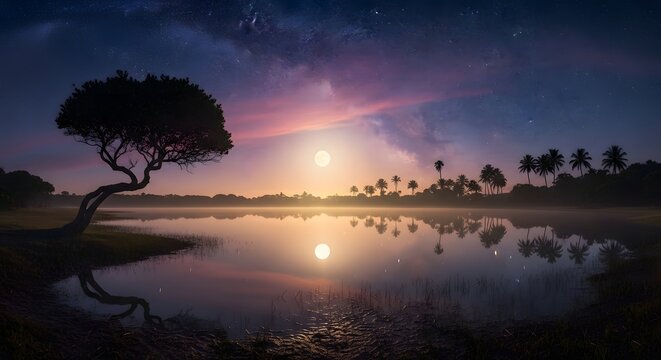 sunset over tropical lake with palm trees and starry sky high quality professional detailed modern elegant stylish clean crisp vibrant colorful digital creative innovative contemporary