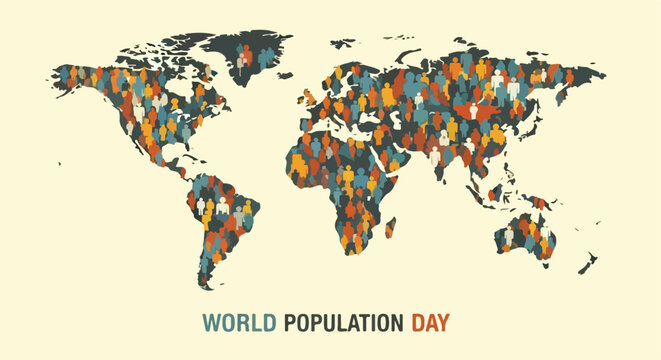 World Population Day Map. People Icons Graphic. Flat Vintage Style. Global Awareness Poster.