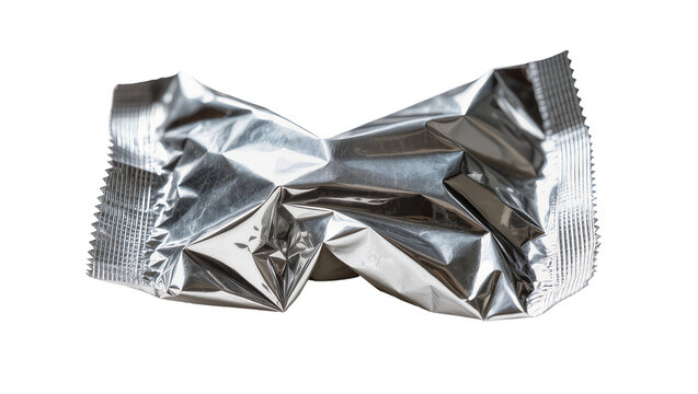 Crushed silver foil candy wrapper crumpled and creased, isolated on transparent background