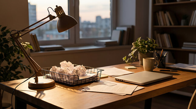 Desk lamp illuminates a workspace with crumpled paper in a basket and a laptop, showcasing a creative, home office environment.