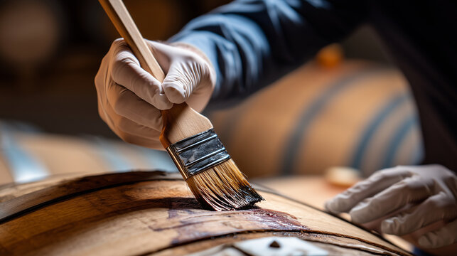 Close-up of a hand in a sterile nitrile glove using a soft brush to clean the bung hole and exterior of a French oak barrique, representing meticulous maintenance before the harves