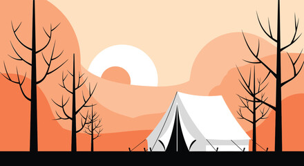 Serene camping scene tent silhouette against a vibrant sunset landscape © Shafiqx