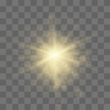 Golden sun symbol radiates soft glowing light. Gentle gradient forms friendly summer design. Perfect design element for sets. Vector