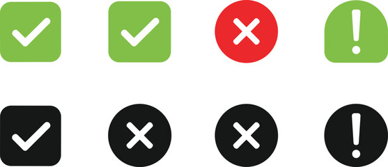Fototapeta premium Checkmark, Cross, and Exclamation Icon Set with Approval, Cancel, and Warning Symbols for User Interface Design, Apps, and Web Notifications