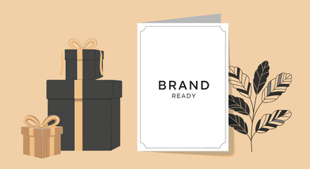 A minimalist illustration featuring black and gold gift boxes, a white greeting card with 'BRAND READY' text, and a decorative plant branch on a beige background. © megulung