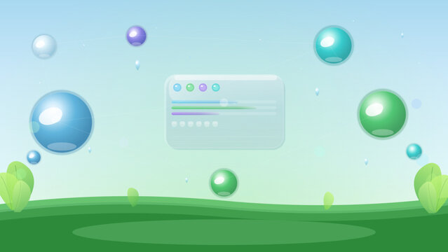 Skeuomorphic Glass Interface with Floating Spheres over Green Park