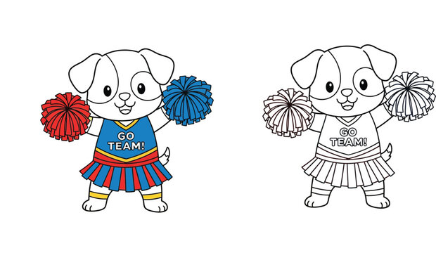Cute Puppy Cheerleader Mascot Character Holding Pom-poms with Colored and Line Art Coloring Page Version for Kids Sport Spirit and School Team Support Vector Illustration