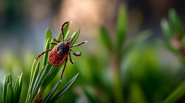 Macro shot of a tick crawling on fresh spring grass, forest background, morning light, highly detailed realistic style, natural colors, educational medical concept