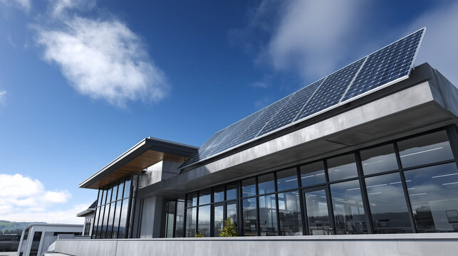 Ground-level wide shot of a contemporary business facility, concrete and dark glass exterior, large array of polycrystalline solar panels visible on the flat rooftop above, midday