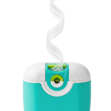 Modern white and teal dental floss container with an artistic swirl of fiber in bright clinical lighting on a white background, concept of oral hygiene