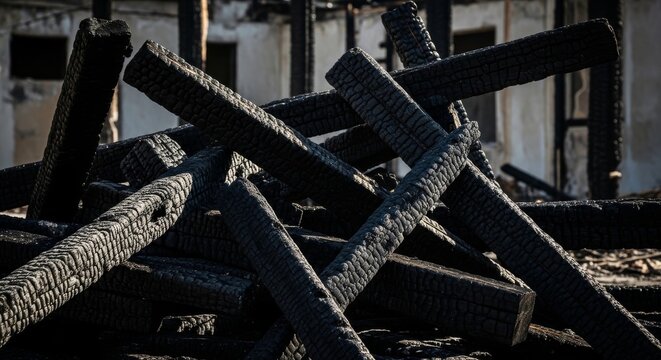 Charred Wooden Beams Remnants of a Structure