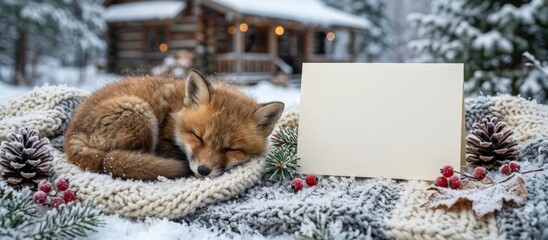 Fototapeta premium Baby fox sleeping beside blank cream greeting card in snowy outdoor setting