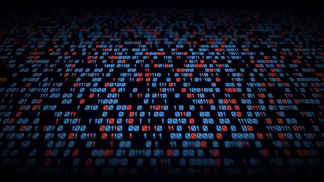 Abstract Digital Binary Code Animation with Red and Blue Glowing Numbers on a Dark Background. - Abstract Hacking and Data Processing Stream