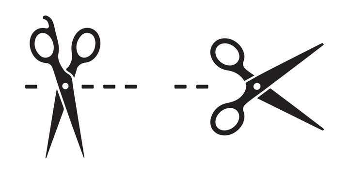 Two scissors cutting dashed line isolated on transparent checkered background vector illustration.