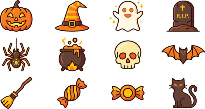 Halloween icons set including pumpkin, witch hat, ghost, tombstone, spider, cauldron, skull, bat, broom, candy, and cat isolated on white background