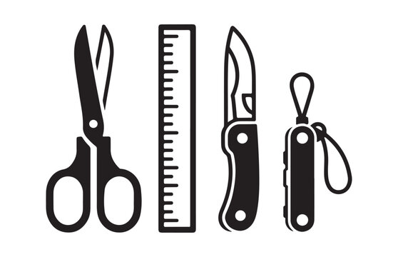 Set of silhouettes including scissors ruler folding knife and multitool for various utility needs.