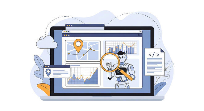 A futuristic robot analyzes data on a large tablet screen with various graphs and maps, surrounded by documents and tools.