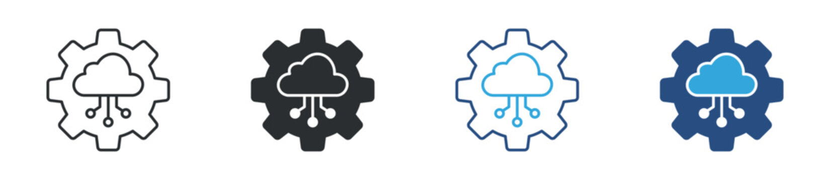 Cloud computing settings icon set. Gear and cloud network symbol. Data processing and cloud system icons, vector illustration.