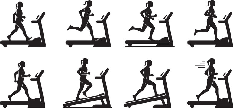 Black silhouette of a person walking up stairs in eight sequential steps monochrome d