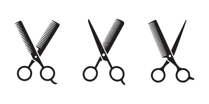 Stylized scissors and combs arranged in various positions vector illustration on transparent background.